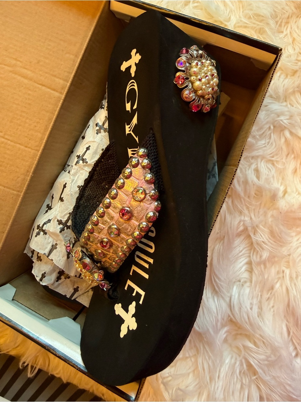 Embellished Black Wedge Sandals with Pink and Pearl Accents